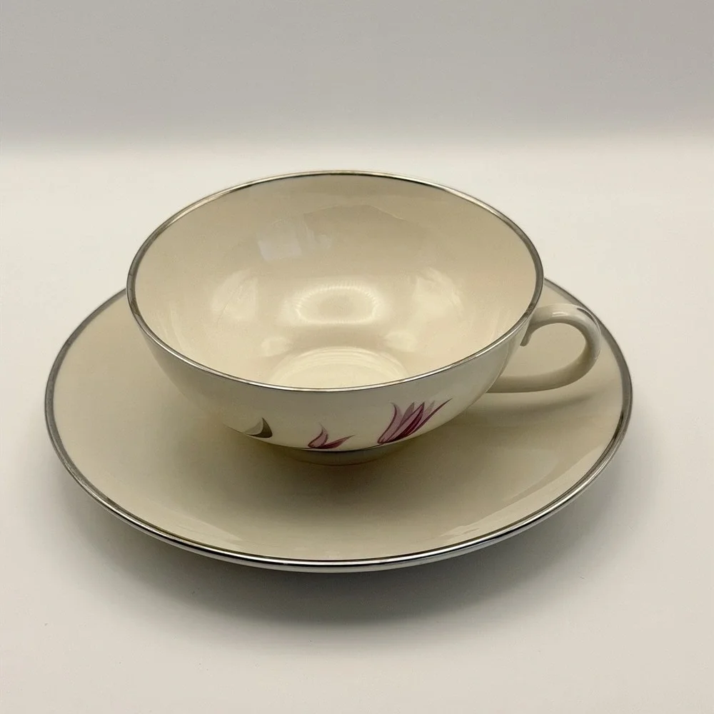 Vintage Franciscan China Carmel Set of 4 Tea Cups Saucers Pink Floral Tulips USA